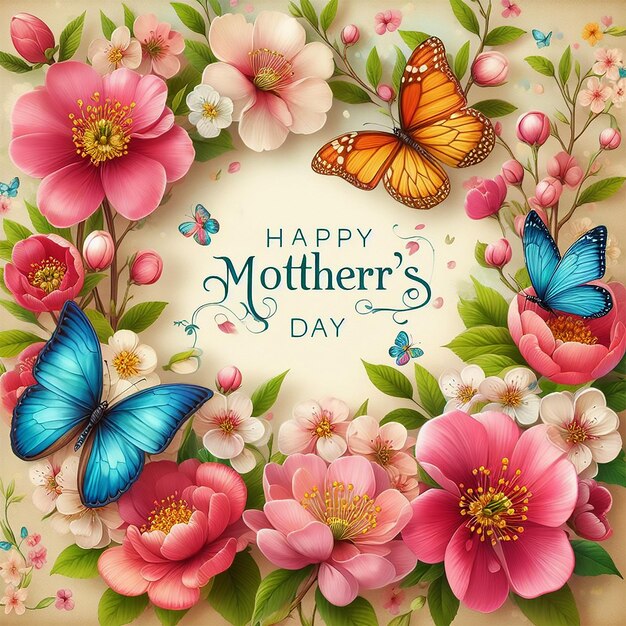 Mothers day card with blooming flowers and butterflies