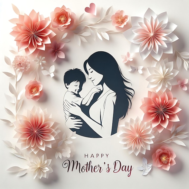 Mothers Day card with flower and mother silhouette vector illustration