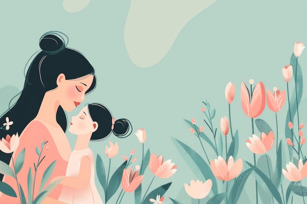 Mothers Day card Woman and daughter hug in a field of flowers Generative AI