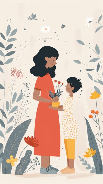 Mothers Day card Woman and son in a field of flowers Generative AI