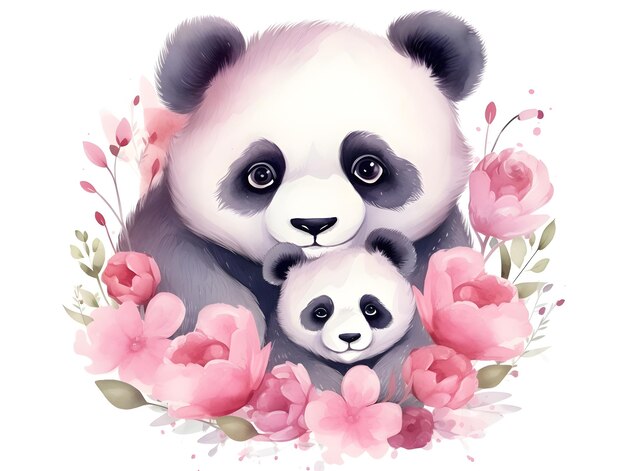 Photo mothers day celebration with adorable mother and baby panda embracing among flowers generative ai