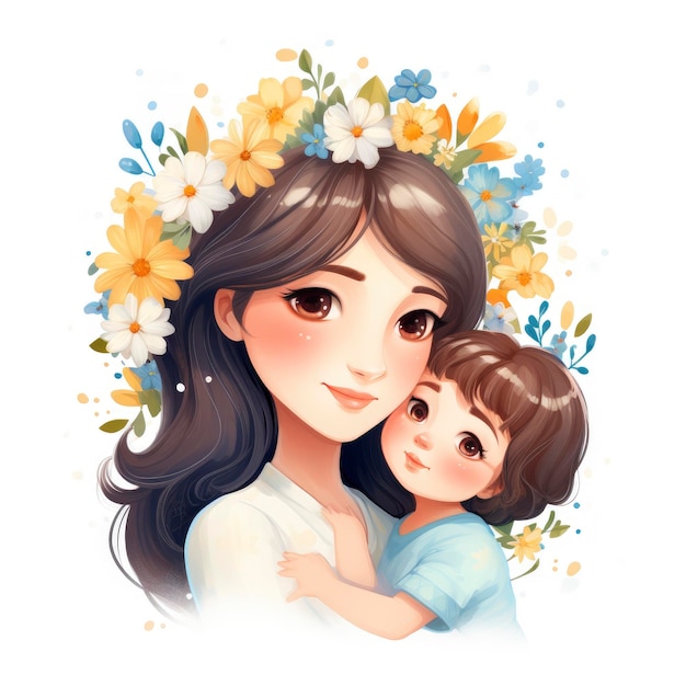 Mothers Day Clipart Cute and Colorful Mom and Baby Illustration