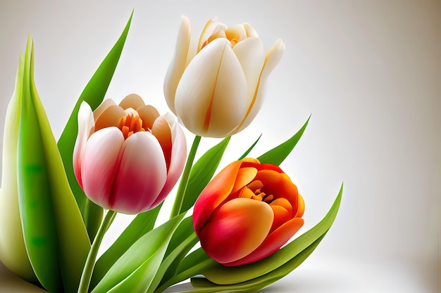 Mothers day colored flowers composition with beautiful pink tulips on white background Generative Ai