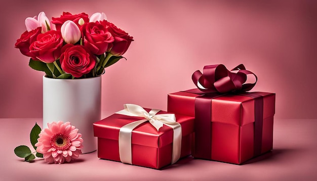 Mothers day composition with flower and red present box