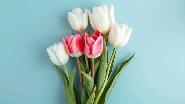 Mothers Day concept Top view photo of bouquet of white and pink tulips on isolated p Generative AI