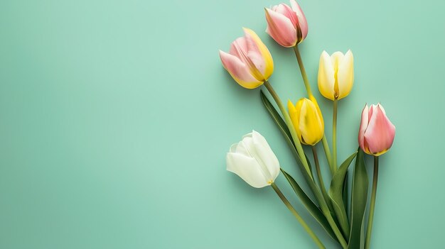 Mothers Day concept Top view photo of pink yellow and white tulips on isolated light Generative AI