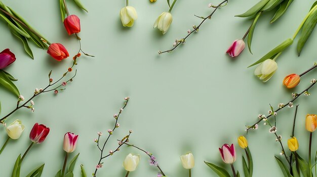 Mothers Day concept Top view vertical photo of colorful tulips and pussy willow bran Generative AI