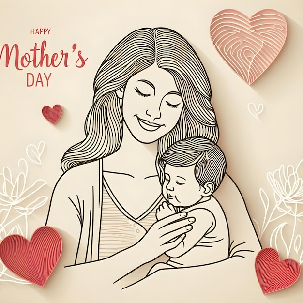 Mothers day greeting card in line style and paper hearts