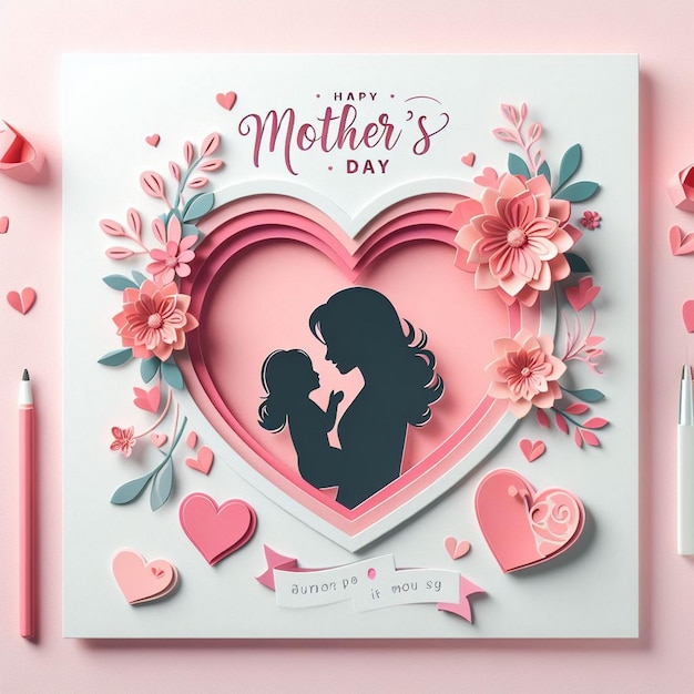 Photo mothers day greeting card with 3d paper cut out style featuring a heart with mother child