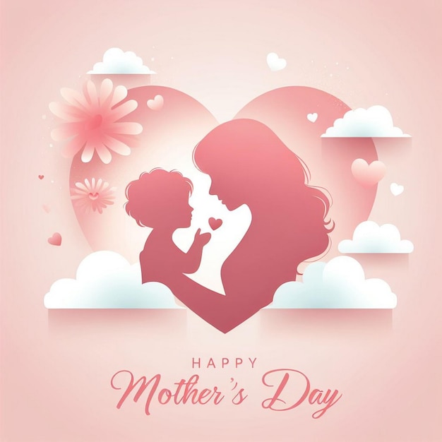 Mothers Day illustration showing the silhouette of a mother and a child inside heart shape