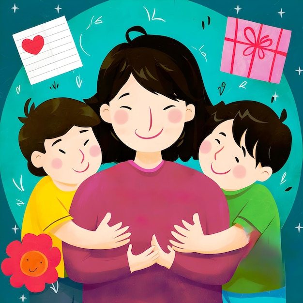 Mothers Day illustrations in a cute cartoon Happy mom with her child style generative ai