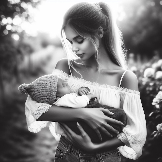 Photo mothers day woman posing for photo mother and baby black and white portrait of a young woman ai