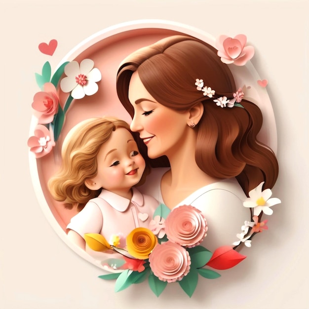 Mothers holding his daughter illustration in paper style Image