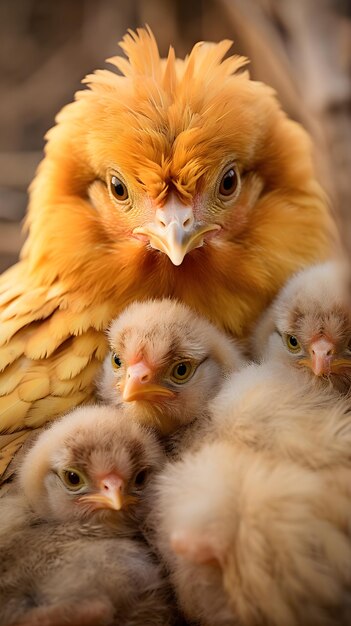 Photo a mothers love beautiful capture of a hen cuddling her brood of chicks at sunset