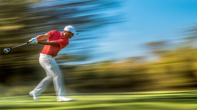 Photo motion blur of a golfer swinging a club on a golf course