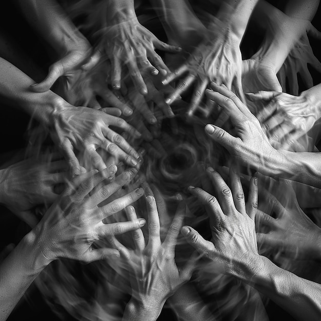 Photo motion blur of intertwined hands forming a circular pattern