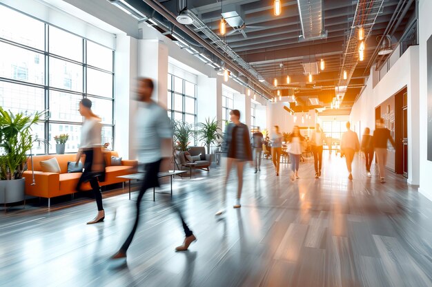 motion blur of people silhouettes walking in a Modern Office Lobby background