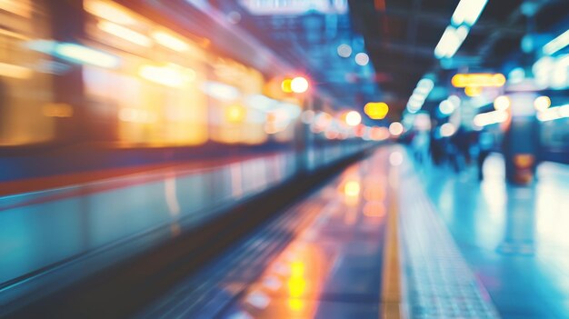 Photo motion blur of a train arriving at a brightly lit station capturing the energy and bustle of urban commuting in vibrant streaking colors