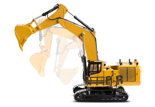 Motion of the excavator backhoe model isolated on white background