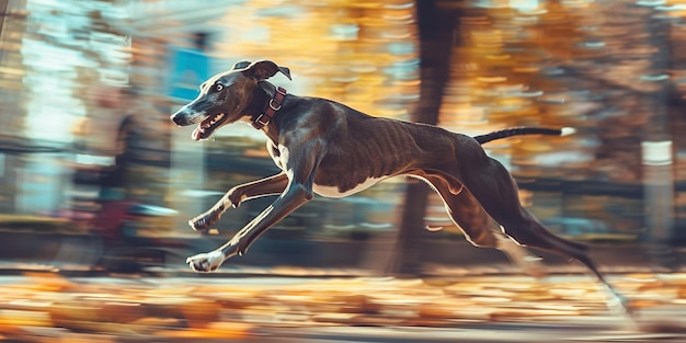 Photo the motion of a greyhound charging through the neighborhood dog sprinting ahead of its time generative ai