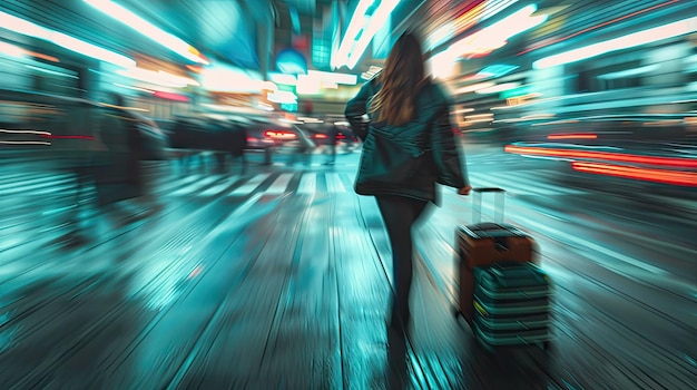 Photo motionblurred scene of a couple running after a bus capturing the frantic rush and urgency of urban commuting perfect for transportation services and city dwellers