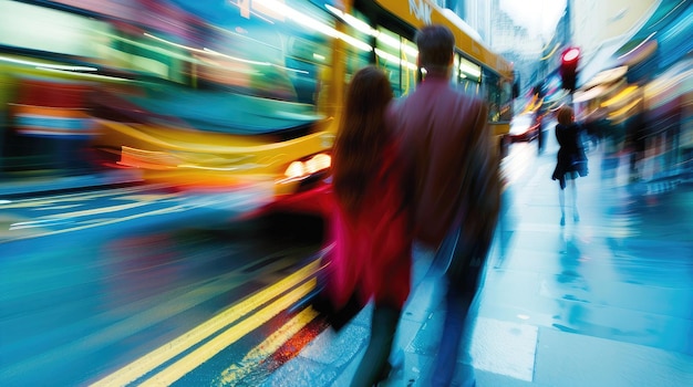 Motionblurred scene of a couple running after a bus capturing the frantic rush and urgency of urban commuting Perfect for transportation services and city dwellers