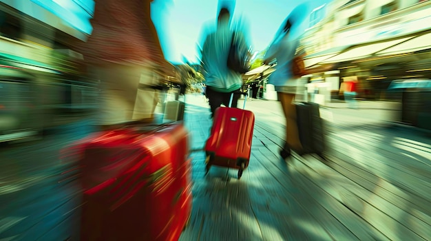 Motionblurred scene of a couple running after a bus capturing the frantic rush and urgency of urban commuting Perfect for transportation services and city dwellers