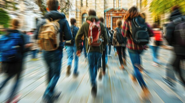 Motionblurred scene of a group with suitcases running outdoors capturing the frantic rush and urgency of travel Perfect for travel agencies and transportation services