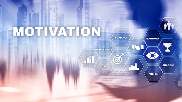 Motivation concept with business elements Business team Financial concept on blurred background Mixed media