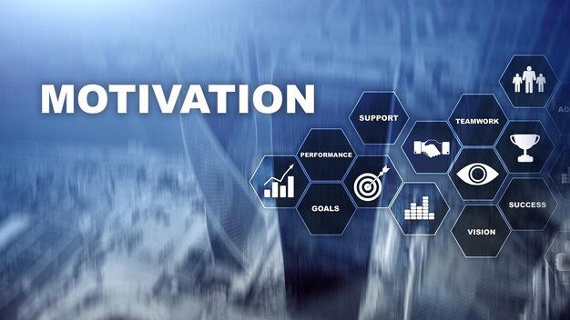 Motivation concept with business elements Business team Financial concept on blurred background Mixed media