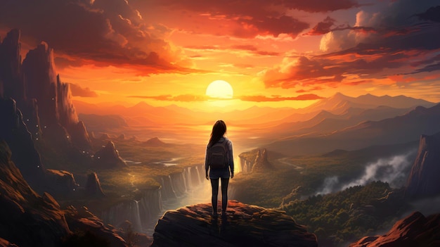 Motivational poster girl standing alone on the rocks watching the sunset on the mountain Vector illustration