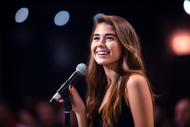 Motivational Speaker Girl Holding Microphone Performing on Stage in Background People Sitting