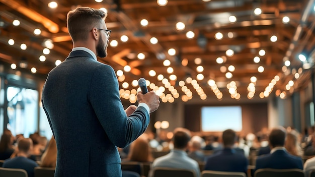 Motivational speaker inspiring audience during conference speech