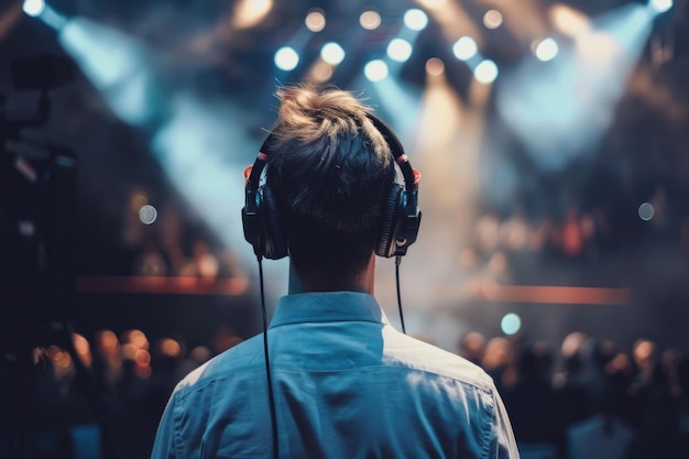 Motivational speaker performing on stage with headset