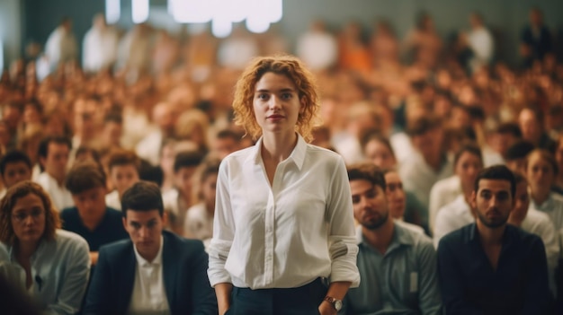 motivational speaker standing on stage in front of audience for motivation speech on conference