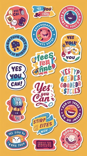 Photo motivational stickers set cute typography patches prints for kids with quotes doodle style badges y