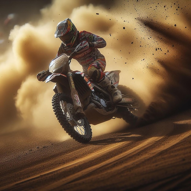 Moto rider racing in a large cloud of dust fire and debris