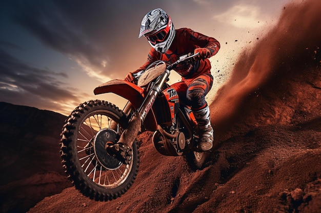 Motocross Rider on Motorcycle with Protective Helmet