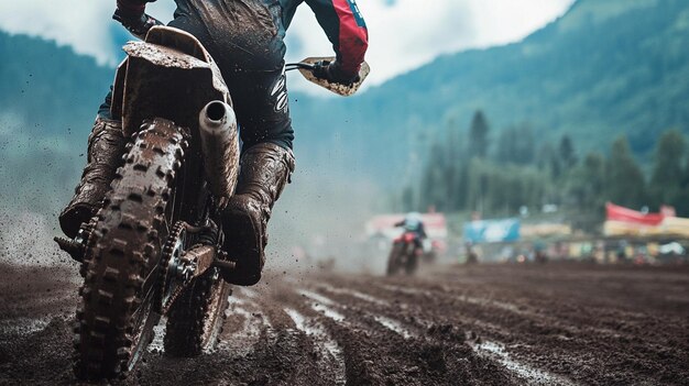 Photo motocross rider racing on dirt track through puddle of water