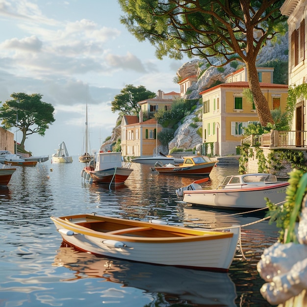 Motor boats moored along the coast of a sunny town