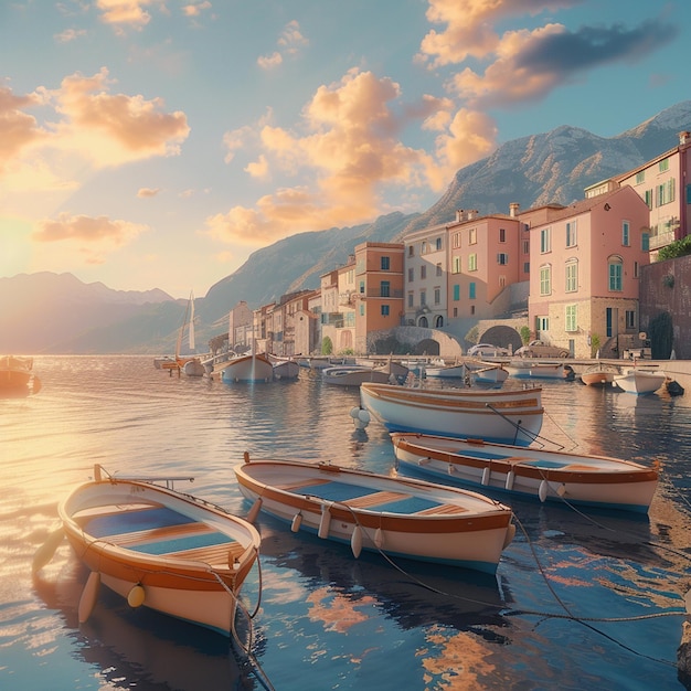 Motor boats moored along the coast of a sunny town