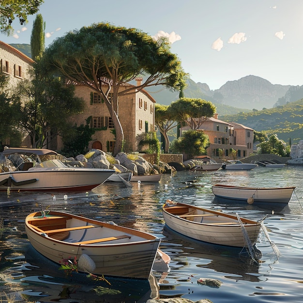 Motor boats moored along the coast of a sunny town