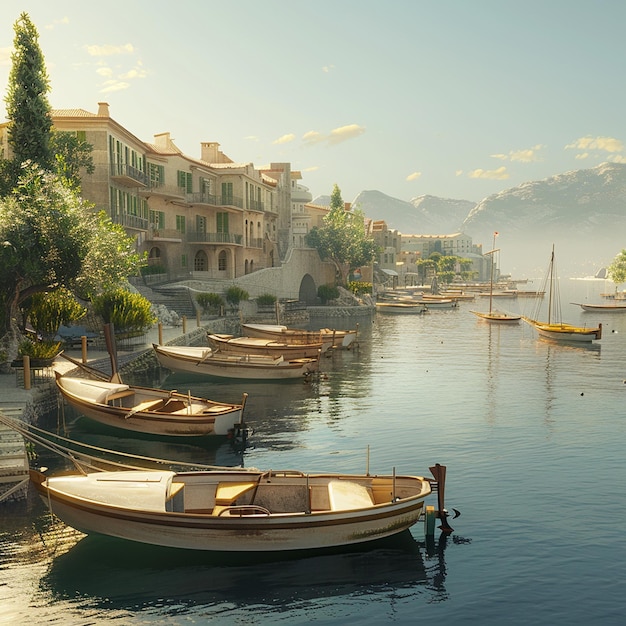 Motor boats moored along the coast of a sunny town