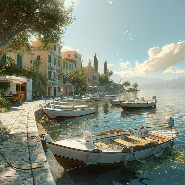 Motor boats moored along the coast of a sunny town