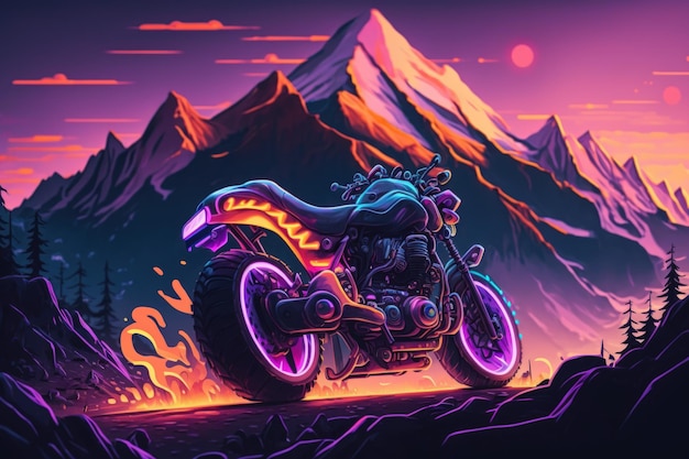 MOTORBIKE cyberpunk MOTORCYCLE ON THE ROAD road to the mountain neons side