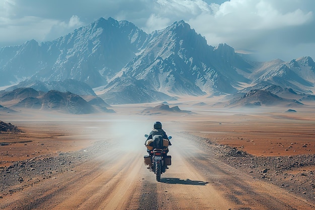 Motorbike journey across a desert landscape the heat shimmering off the pavement