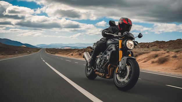 Motorbike on the road driving fast having fun on the empty highway on a motorcycle journey