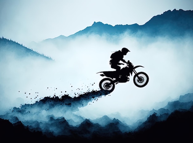 Motorbike silhouette with blue mountain in the background digital art