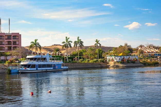 Motorboat moored by the coast of river Nile in Aswan