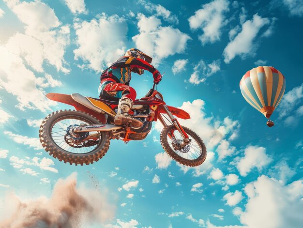 A motorcross rider jumping in the air with his bike and wearing red and yellow gear